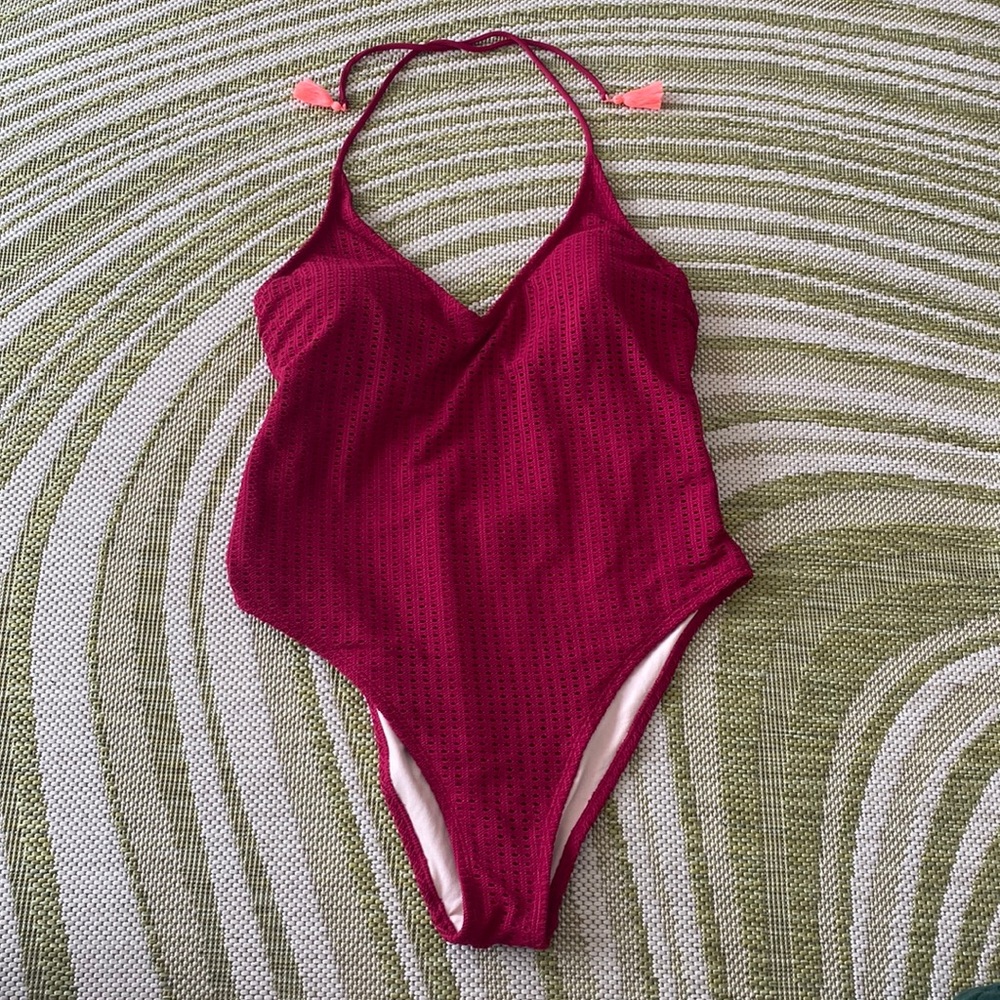 Pink Xhilaration Crochet One Piece Swimsuit with Tassels
